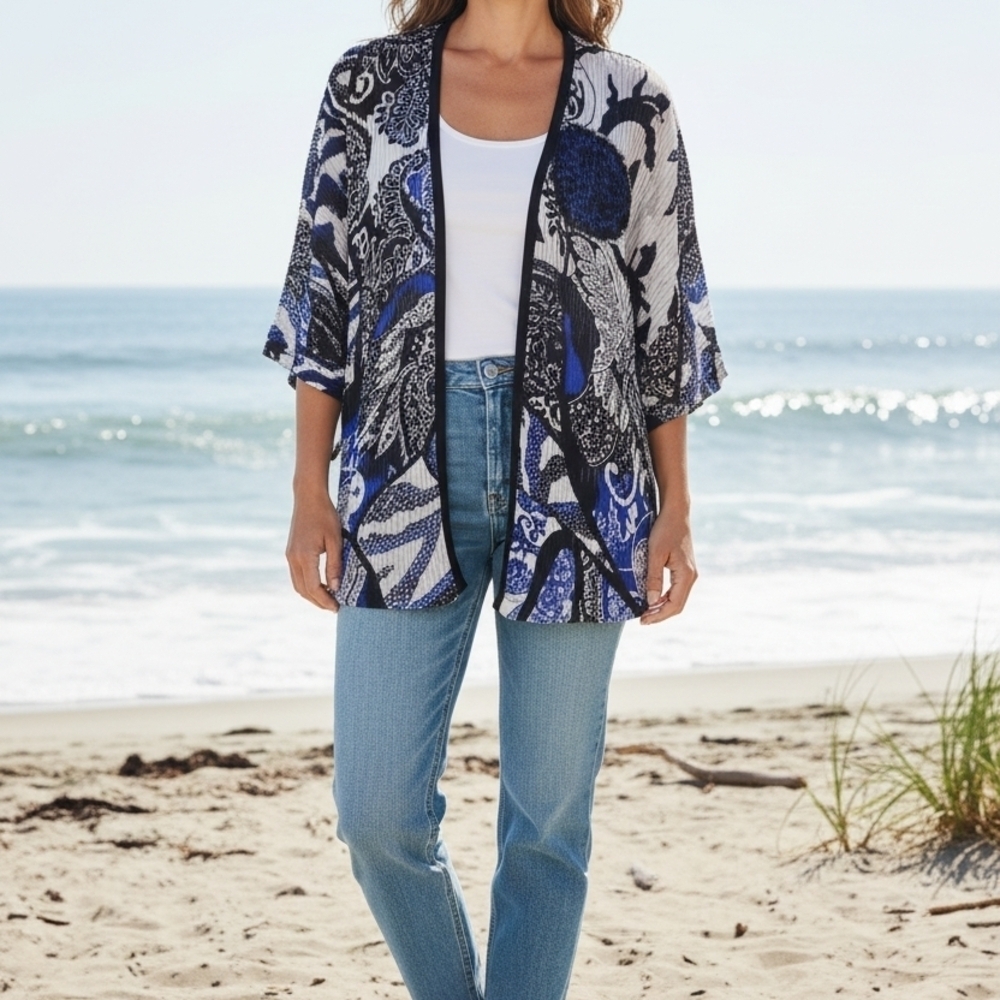 Chico's - Open Cardigan Sweater With Short Sleeve, Abstract Design, Size  0